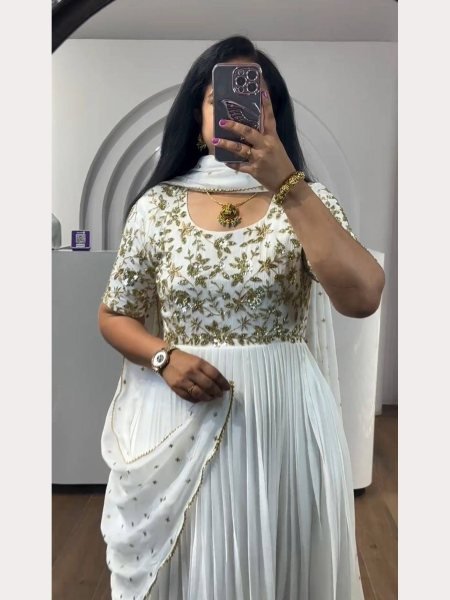 White Color Heavy Embroidery Gown With Dupatta  Kurti With Dupatta Wholesale