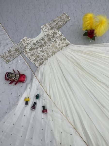White Color Heavy Embroidery Gown With Dupatta  Kurti With Dupatta Wholesale