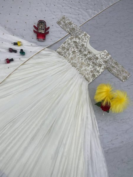 White Color Heavy Embroidery Gown With Dupatta  Kurti With Dupatta Wholesale
