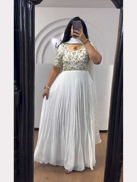 White Color Heavy Embroidery Gown With Dupatta  Kurti With Dupatta Wholesale