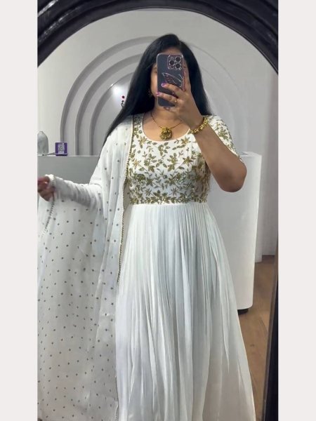 White Color Heavy Embroidery Gown With Dupatta  Kurti With Dupatta Wholesale