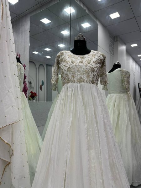 White Color Heavy Embroidery Gown With Dupatta  Kurti With Dupatta Wholesale