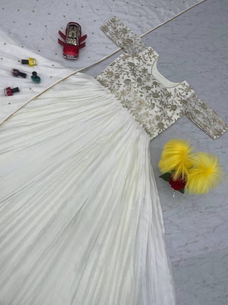 White Color Heavy Embroidery Gown With Dupatta  Kurti With Dupatta Wholesale