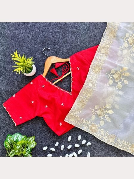 White Color Kashmiri Organza Saree With Beautiful Embroidery Work Organza Sarees Wholesale