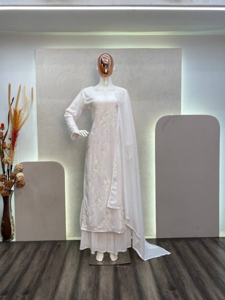White Color Maslin Chikankari Sharara Collection  Lucknowi Chikankari Kurtis Wholesale