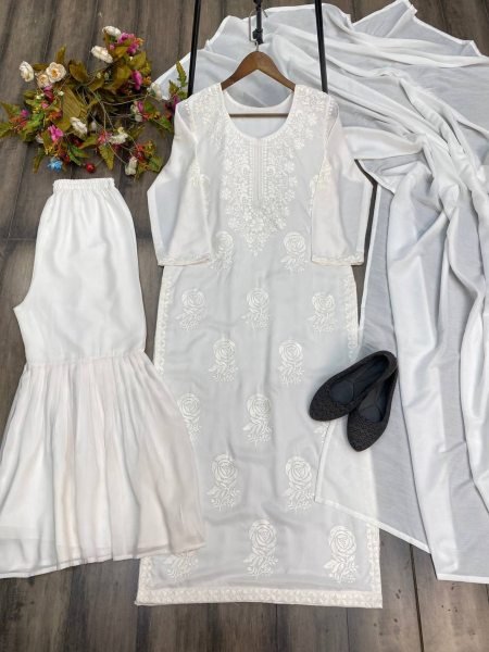 White Color Maslin Chikankari Sharara Collection  Lucknowi Chikankari Kurtis Wholesale