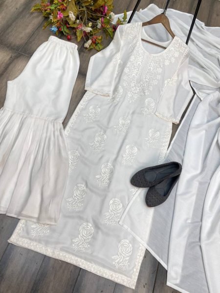 White Color Maslin Chikankari Sharara Collection  Lucknowi Chikankari Kurtis Wholesale