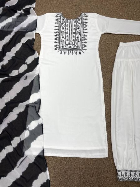 White Color Muslin Cotton Embroidery Kurti Set  Ready To Wear Collection