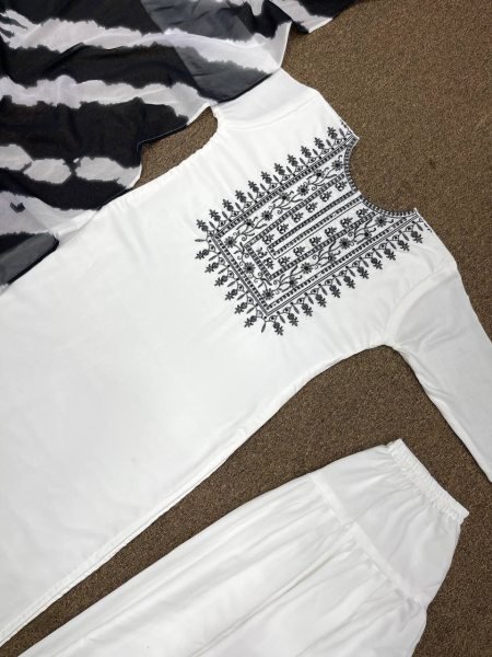 White Color Muslin Cotton Embroidery Kurti Set  Ready To Wear Collection