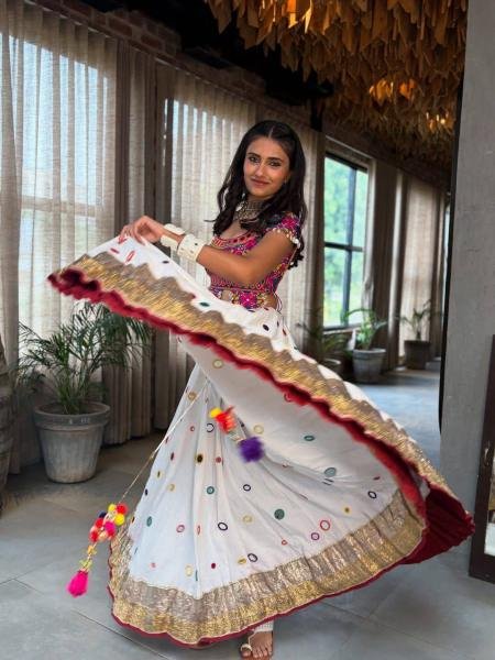 White Color Navratri Chaniya Choli With Mirror And Embroidery Work at Manufacturer Price Navratri Lehnega Choli