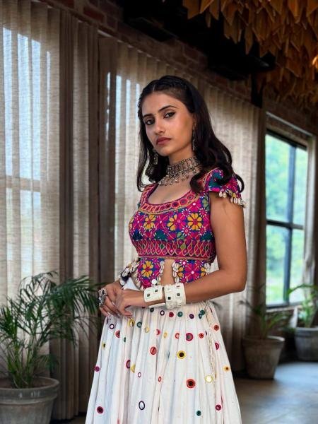 White Color Navratri Chaniya Choli With Mirror And Embroidery Work at Manufacturer Price Navratri Lehnega Choli