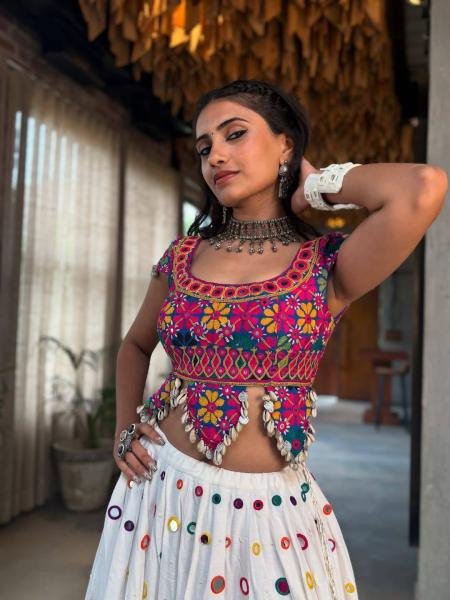 White Color Navratri Chaniya Choli With Mirror And Embroidery Work at Manufacturer Price Navratri Lehnega Choli