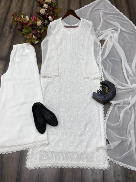 White Color Online Shopping for Designer Georgette Salwar Suits with Cotton Thread   Embroidery Work Lucknowi Chikankari Kurtis Wholesale