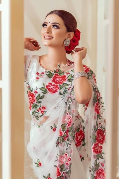 White Color Organza Silk Flower Saree With Embroidery Work  Organza Sarees Wholesale