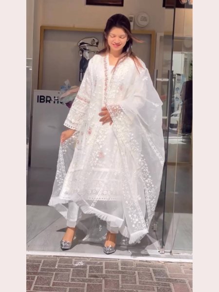 White Color Pure Organza Kurti Pant With Dupatta  3 Piece Kurti Set