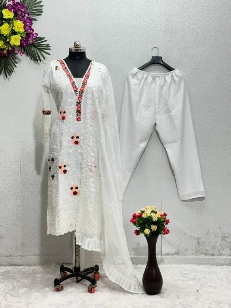 White Color Pure Organza Kurti Pant With Dupatta  3 Piece Kurti Set