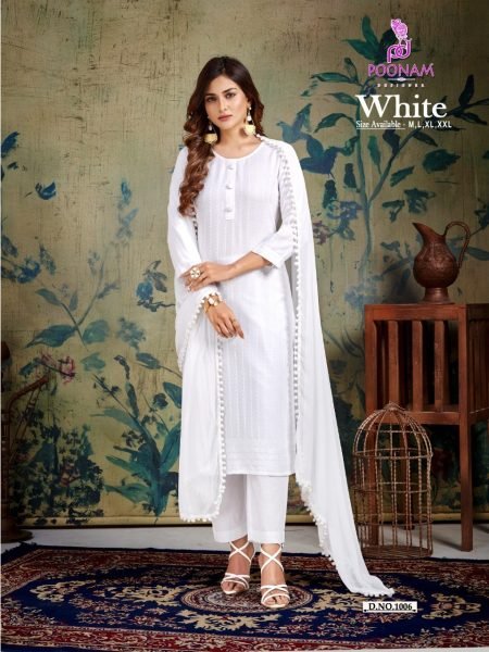 White Color Pure Rayon Chikan Work Kurti Pant With Dupatta Lucknowi Chikankari Kurtis Wholesale