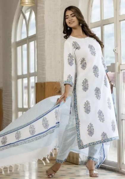 White Color Rayon Foil Print Kurti Pant With Dupatta  3 Piece Kurti Set