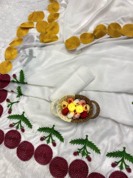 White Color Silk With Embroidery Cut Work Saree  Silk Sarees Wholesale