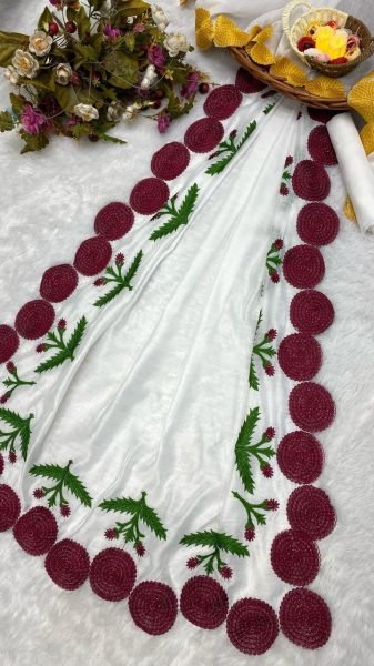 White Color Silk With Embroidery Cut Work Saree  Silk Sarees Wholesale