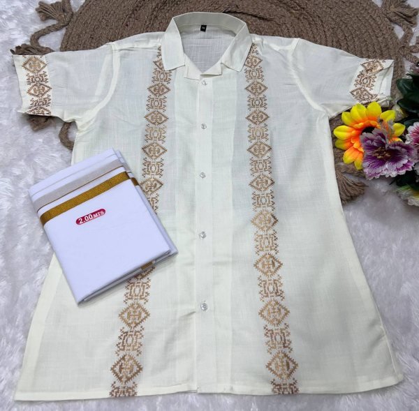 White Cotton Foil Print Shirt with Matching Dhoti Perfect for Celebrations Mens Shirt