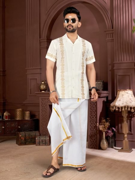White Cotton Foil Print Shirt with Matching Dhoti Perfect for Celebrations Mens Shirt
