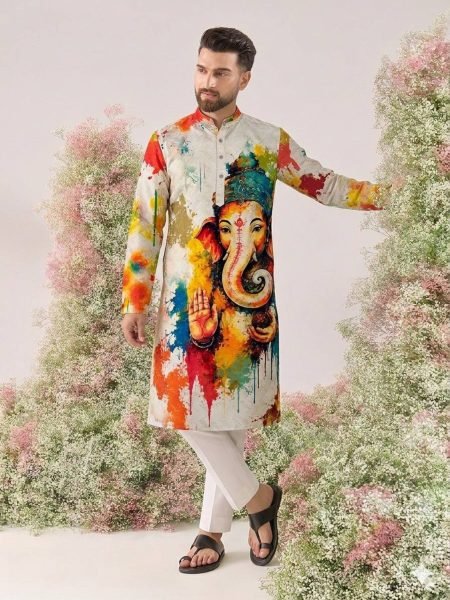 White Cotton Kurta for Men with Ganesh Ji Digital Print and Heavy Crochet Sequins Detailing Mens Wear