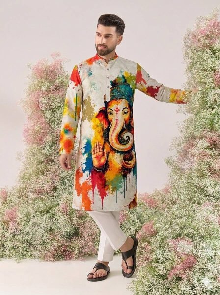 White Cotton Kurta for Men with Ganesh Ji Digital Print and Heavy Crochet Sequins Detailing Kurta Pajama Wholesale