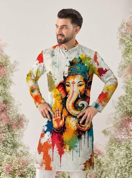 White Cotton Kurta for Men with Ganesh Ji Digital Print and Heavy Crochet Sequins Detailing Kurta Pajama Wholesale