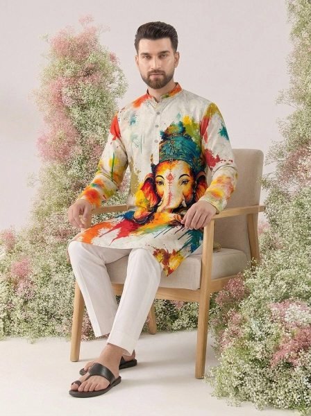 White Cotton Kurta for Men with Ganesh Ji Digital Print and Heavy Crochet Sequins Detailing Kurta Pajama Wholesale