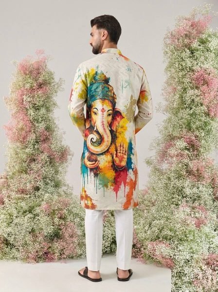 White Cotton Kurta for Men with Ganesh Ji Digital Print and Heavy Crochet Sequins Detailing Kurta Pajama Wholesale