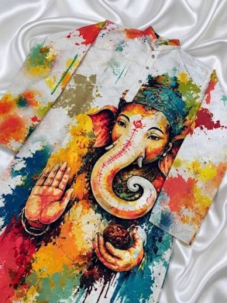 White Cotton Kurta for Men with Ganesh Ji Digital Print and Heavy Crochet Sequins Detailing Kurta Pajama Wholesale
