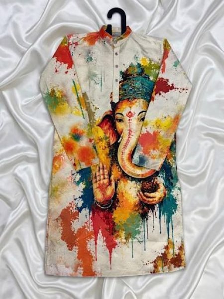 White Cotton Kurta for Men with Ganesh Ji Digital Print and Heavy Crochet Sequins Detailing Kurta Pajama Wholesale