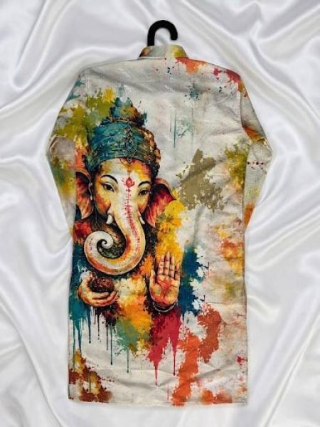 White Cotton Kurta for Men with Ganesh Ji Digital Print and Heavy Crochet Sequins Detailing Kurta Pajama Wholesale