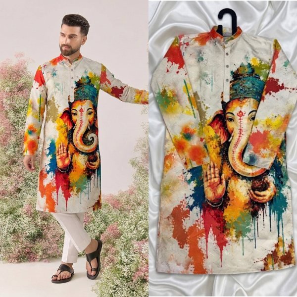 White Cotton Kurta for Men with Ganesh Ji Digital Print and Heavy Crochet Sequins Detailing Kurta Pajama Wholesale