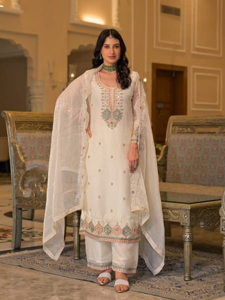 White Crush Satin Embroidered Palazzo Suit with Beads Work Top at Wholesale Rate Salwar Kameez