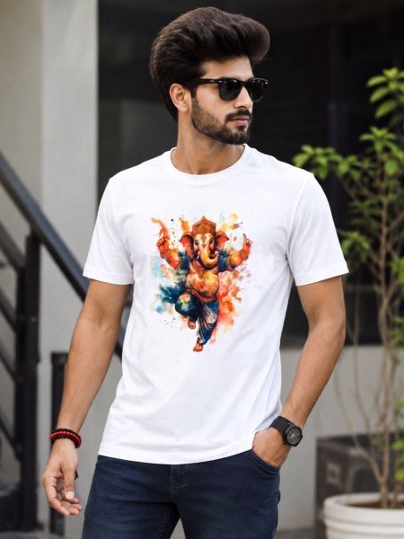 White Designer Ganesh Printed Half Sleeve Twill T-Shirt for Men For Festival 