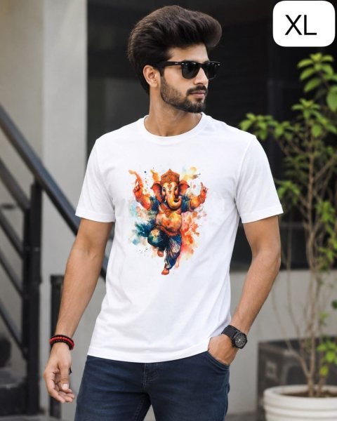 White Designer Ganesh Printed Half Sleeve Twill T-Shirt for Men For Festival Mens Shirt
