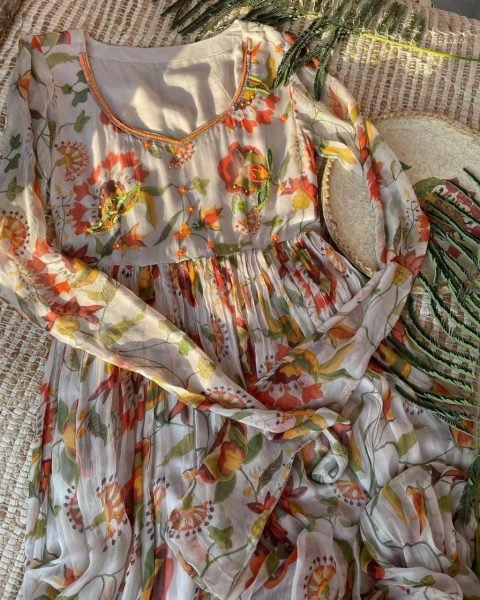 White Designer Georgette Printed Anarkali Kurti   Dupatta  Anarkali Kurtis 