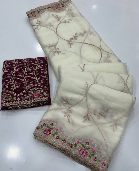White Designer Georgette Saree with Contrast Blouse for Party Wear Embroidery Sarees Wholesale