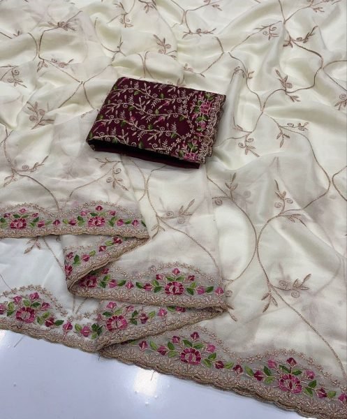 White Designer Georgette Saree with Contrast Blouse for Party Wear Embroidery Sarees Wholesale