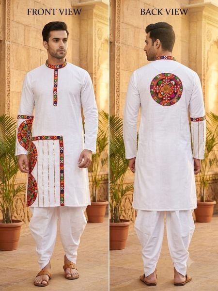 White Designer Heavy Cotton Gamthi Work Kurta with Raymond Cotton Dhoti For Navratri 