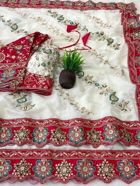 White Designer Rangoli Silk Saree with Full Saree Embroidery and Finished Lace Border 