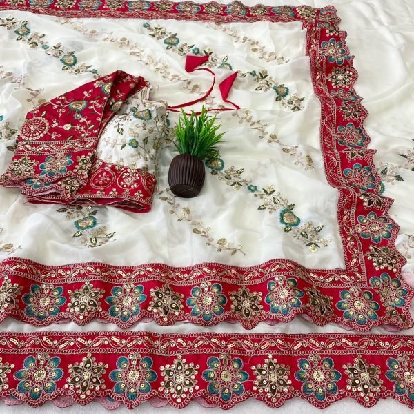 White Designer Rangoli Silk Saree with Full Saree Embroidery and Finished Lace Border Silk Sarees Wholesale
