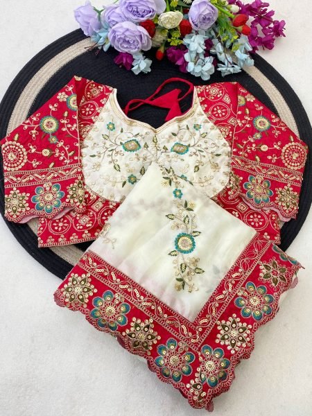White Designer Rangoli Silk Saree with Full Saree Embroidery and Finished Lace Border Silk Sarees Wholesale