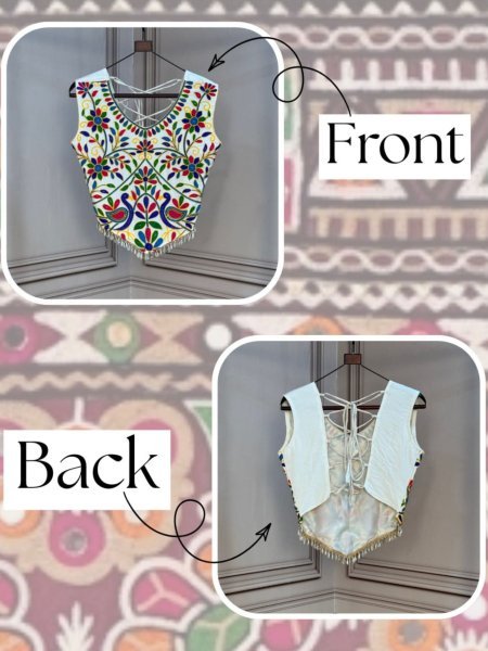 White Designer Rayon Kutchi Embroidered V Neck Blouse for Women Sarees 