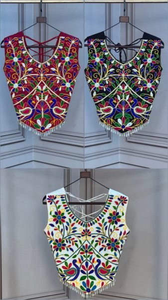 White Designer Rayon Kutchi Embroidered V Neck Blouse for Women Navratri Lehnega Choli