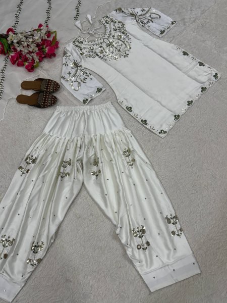 White Designer Salwar Kameez with Gota and Mirror Work Dupatta    Ready To Wear Collection