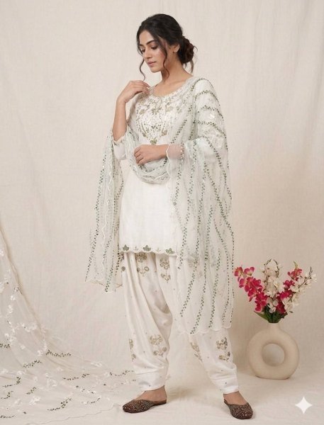 White Designer Salwar Kameez with Gota and Mirror Work Dupatta    Ready To Wear Collection