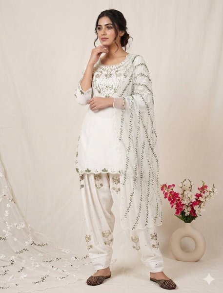 White Designer Salwar Kameez with Gota and Mirror Work Dupatta    Ready To Wear Collection